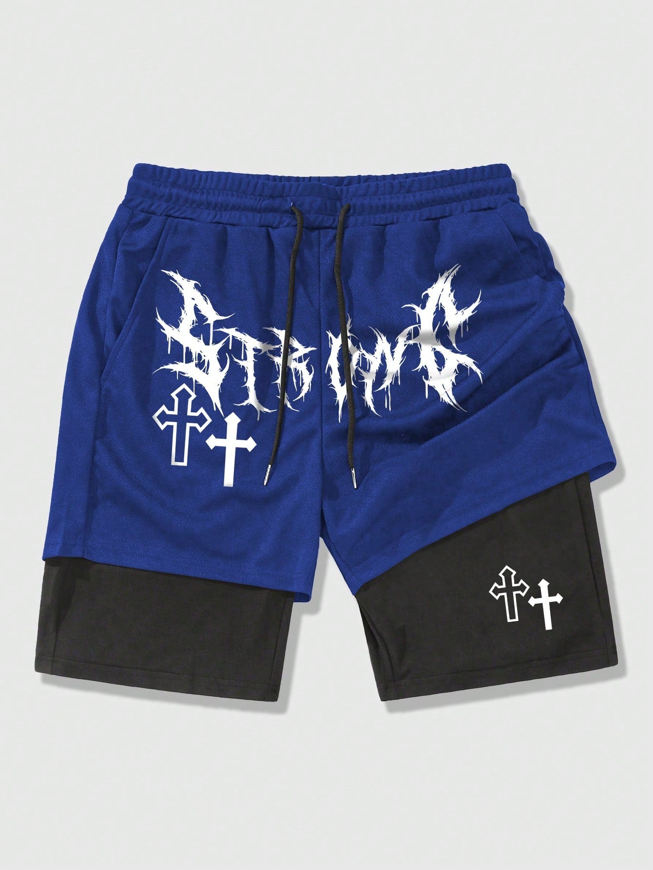 Goth Men's Gothic Style Breathable Shorts With 2 In 1 Design, Letter & Cross Print, Suitable For Daily Wear In Spring And Summer