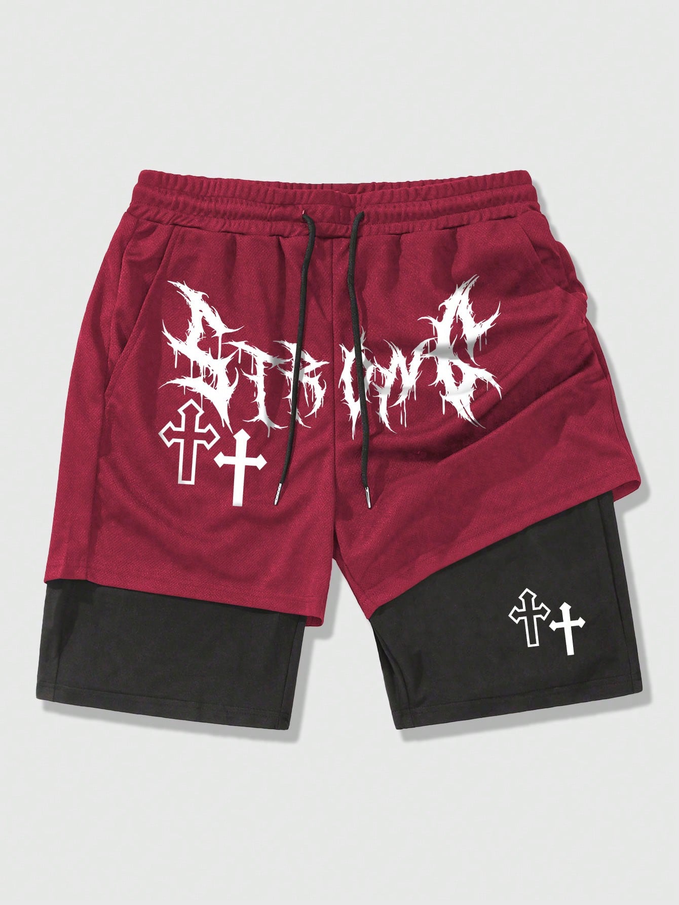 Goth Men's Gothic Style Breathable Shorts With 2 In 1 Design, Letter & Cross Print, Suitable For Daily Wear In Spring And Summer