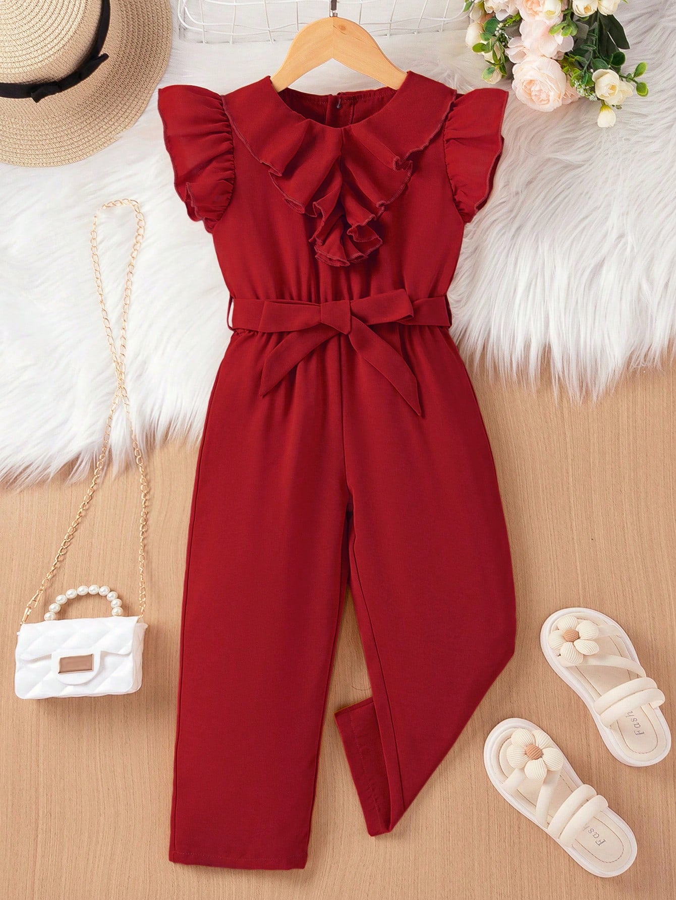 Young Girl Ruffle Trim Belted Jumpsuit