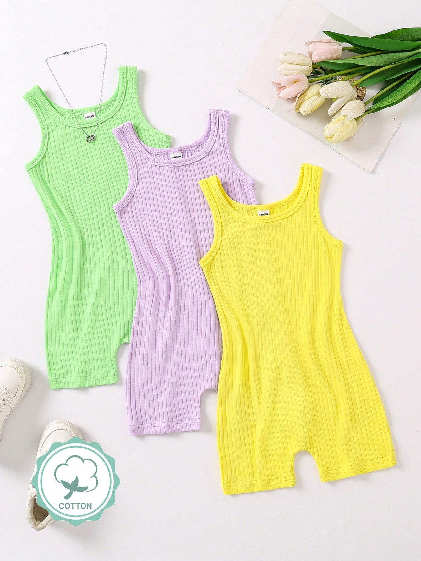 Young Girl Summer Casual Solid Color Ribbed Knitted Sleeveless Jumpsuit