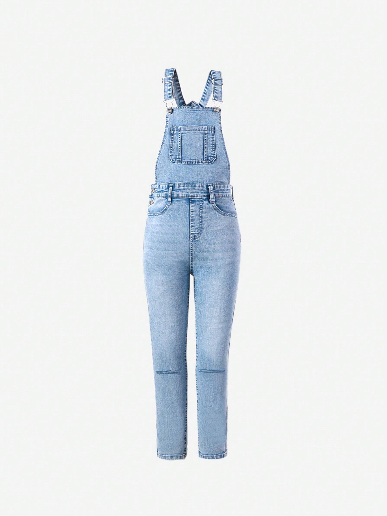 Teen Girl All-Match Casual Daily Light Blue Washed Ripped Adjustable Stretch Denim Overalls