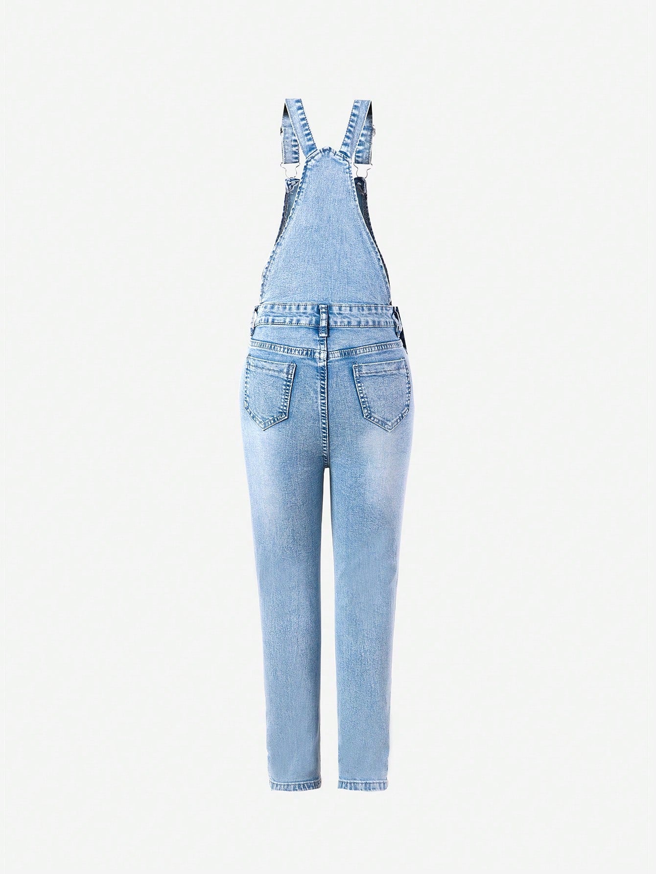 Teen Girl All-Match Casual Daily Light Blue Washed Ripped Adjustable Stretch Denim Overalls