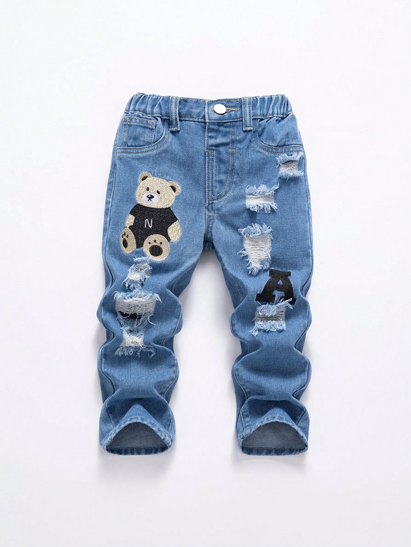 Young Boy Letter & Bear Patched Ripped Jeans