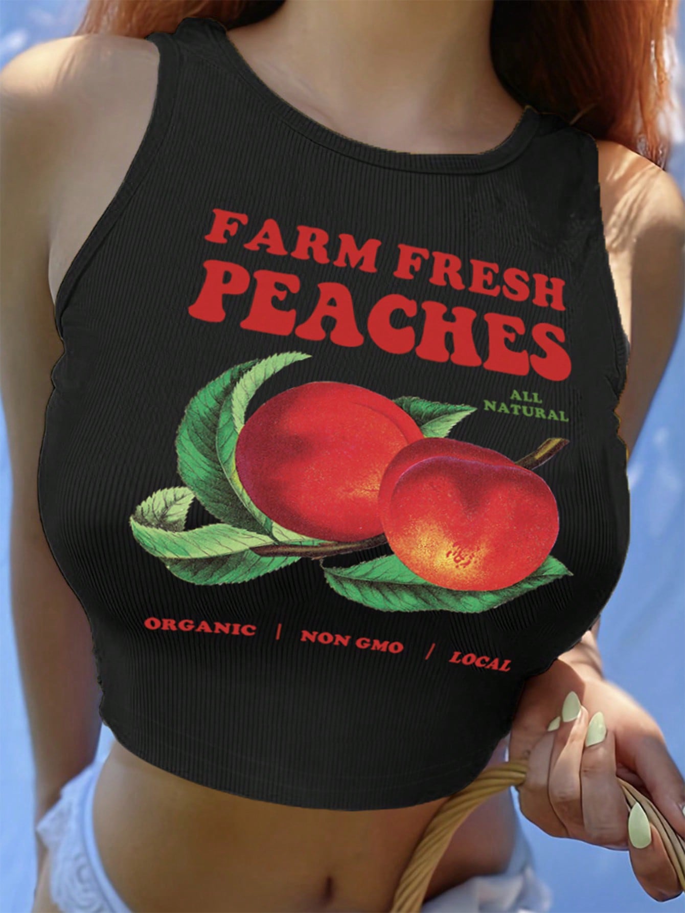 Plus Size Summer Short Crop Tank Top With Peach And Letter Print