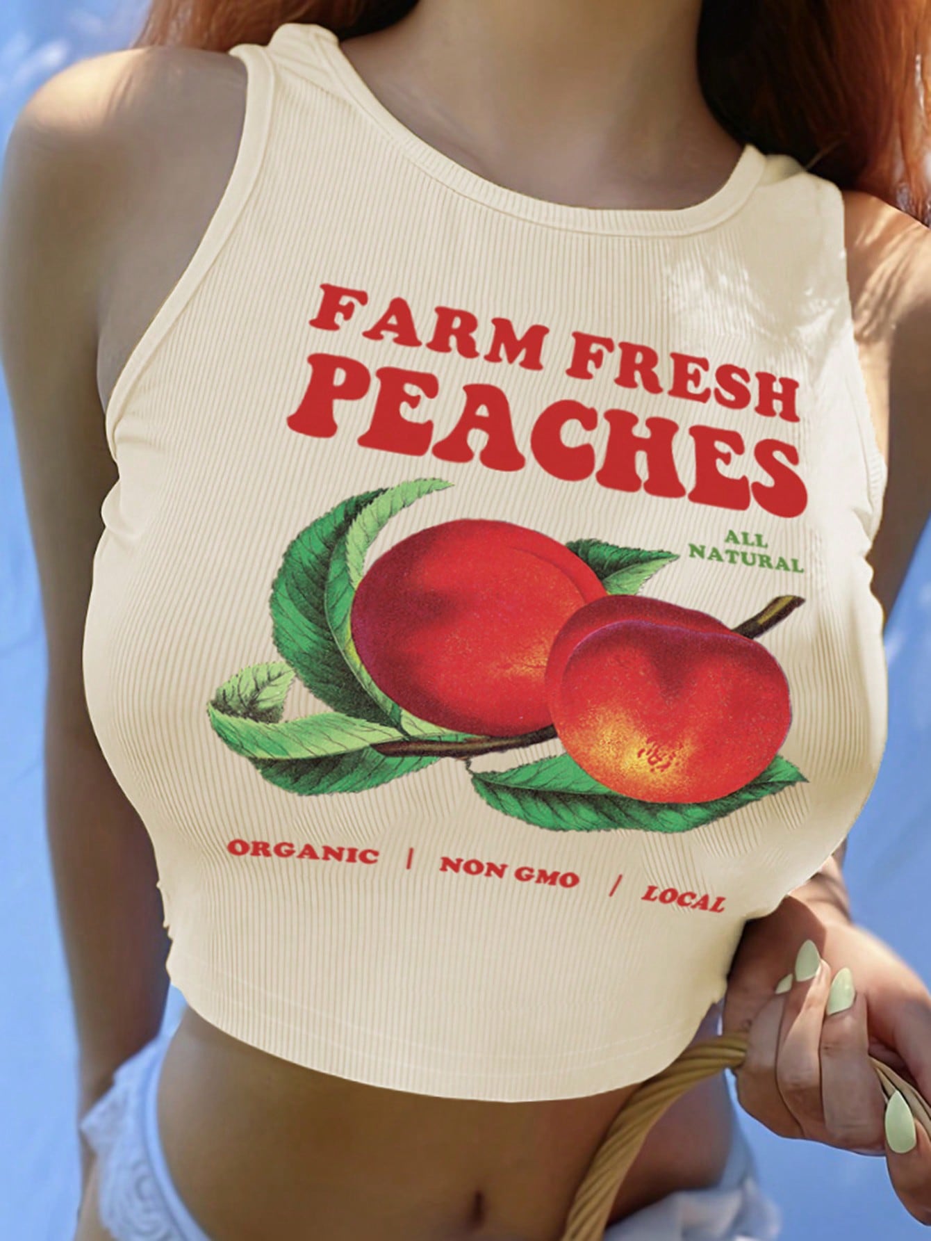 Plus Size Summer Short Crop Tank Top With Peach And Letter Print