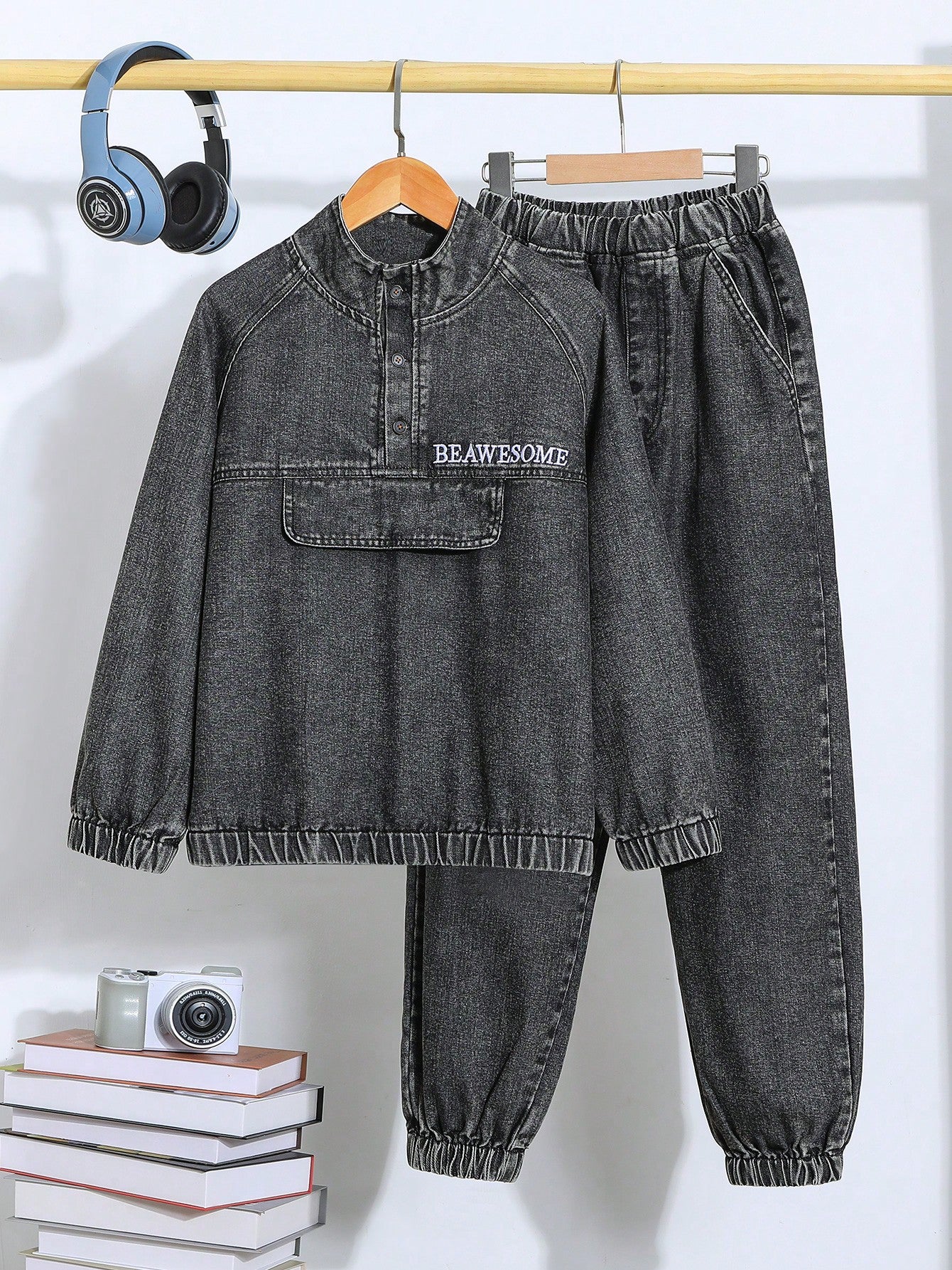 Tween Boy Street Cool Black Wash Full-Zip Denim Jacket With Embroidered Slogan & Fully Elastic Waist Jogger Jeans Sets