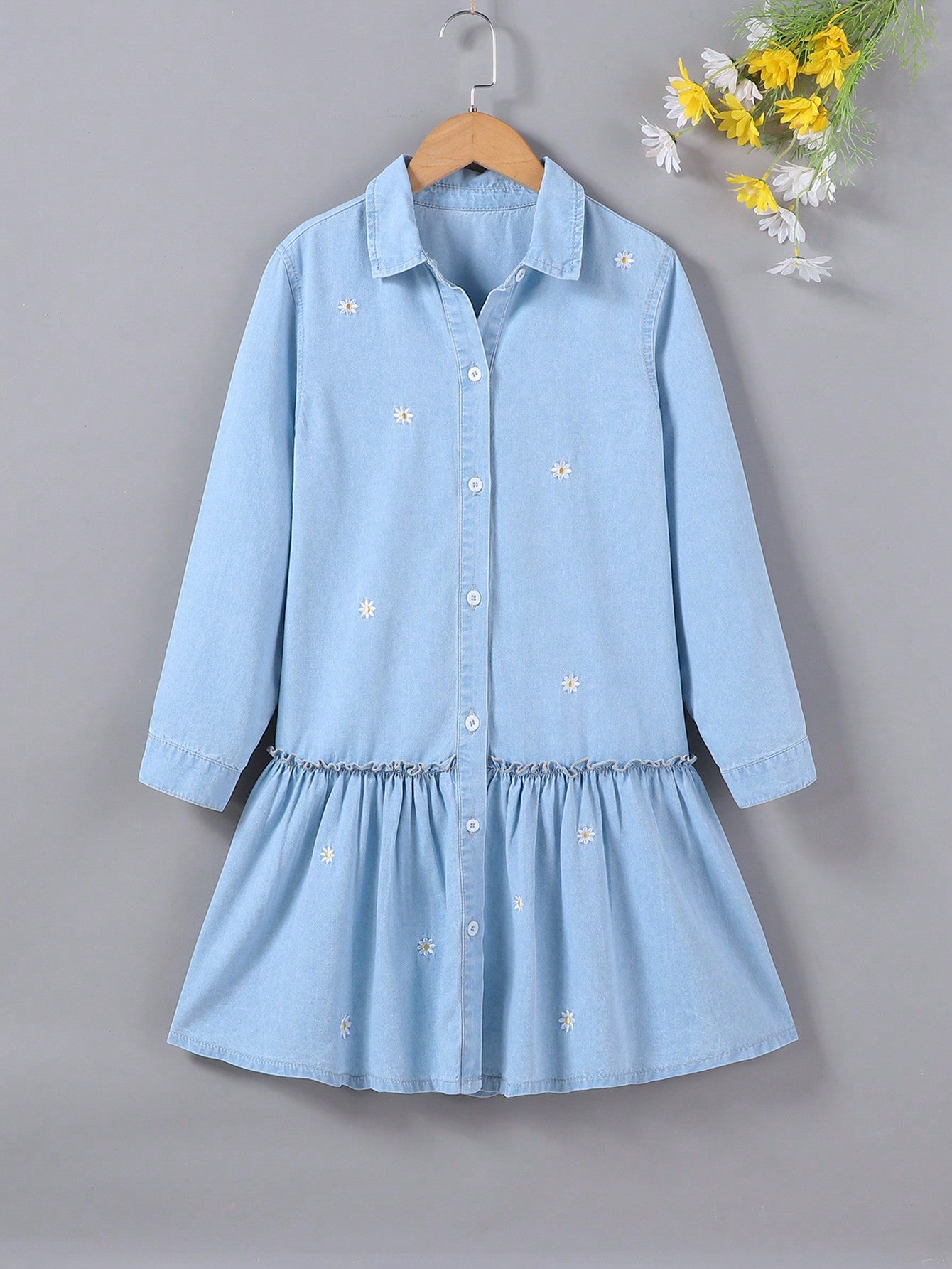 TWEEN GIRL Casual Floral Embroidered Light Wash Denim Shirt Dress For Daily Wear