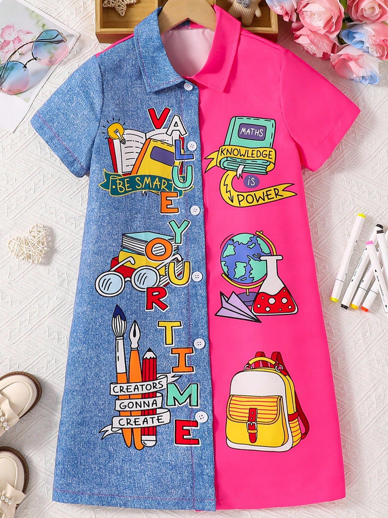 Tween Girl Fashionable Color Block Stationery Pattern Printed Short Sleeve Dress