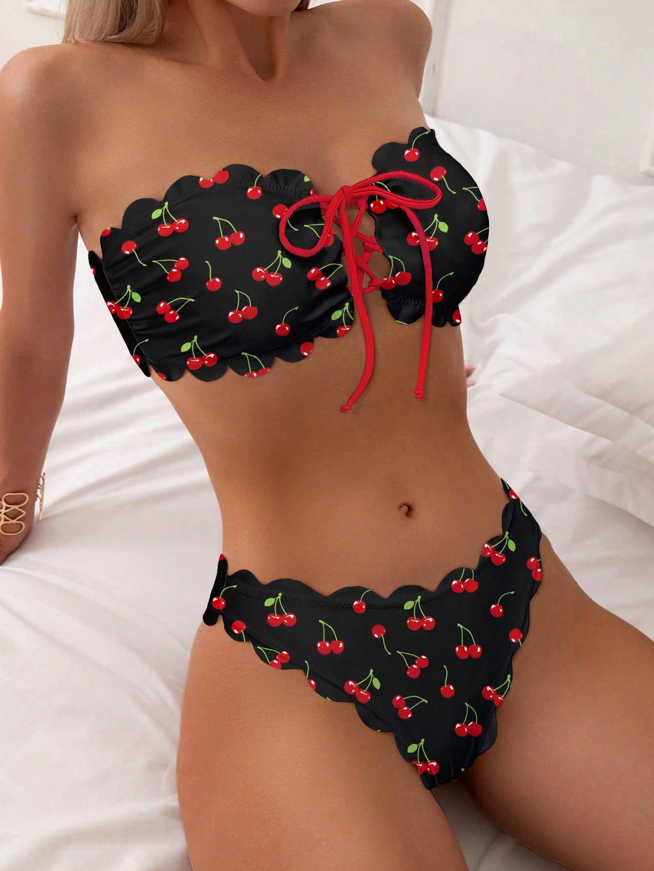 Swim Mod Summer Beach Women's Heart Pattern Front Tie Bandeau Bikini Set