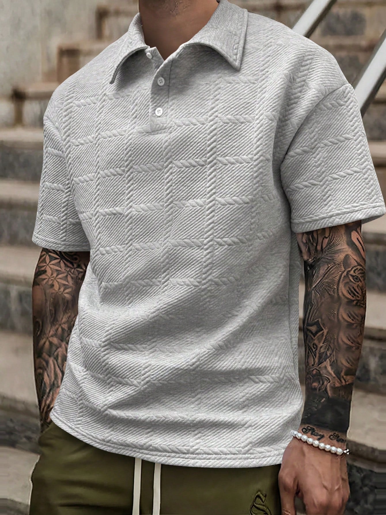 Men's Spring/Summer Solid Textured Short Sleeve Polo Shirt