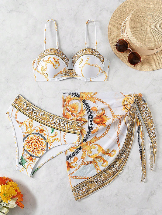 Swim Women Summer Beach Chain Print Bikini Set And Wrap Cover Up Skirt For Holiday