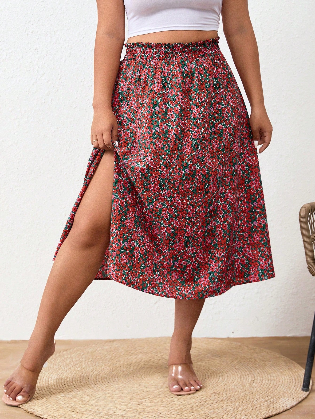 Frenchy Plus Size Tropical Split Floral Printed Women's Skirt