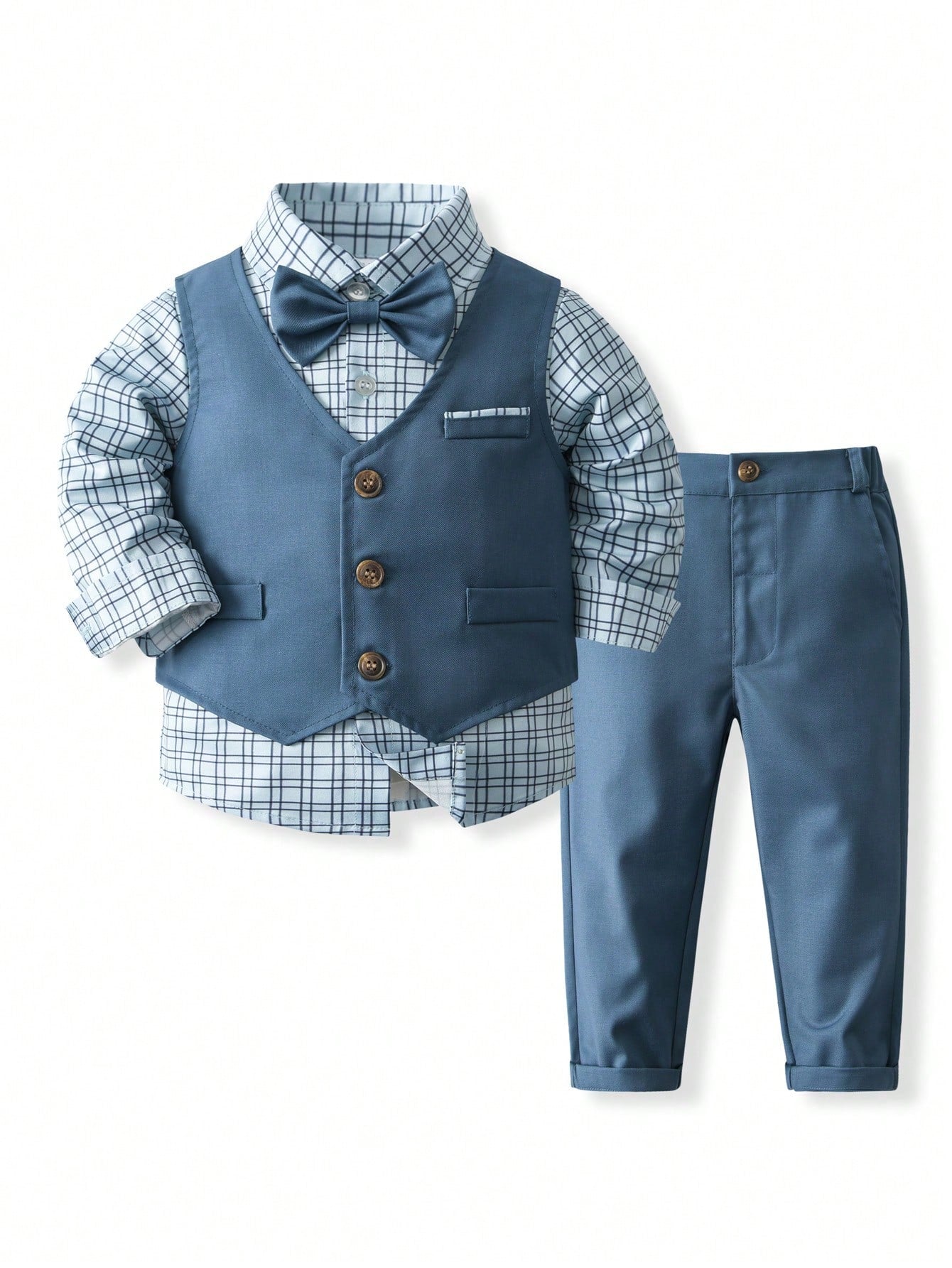 Young Boy Gentleman Suit , Plaid Long Sleeve ShirtandVestandSuit Pants, Birthday/Party Formal Dress