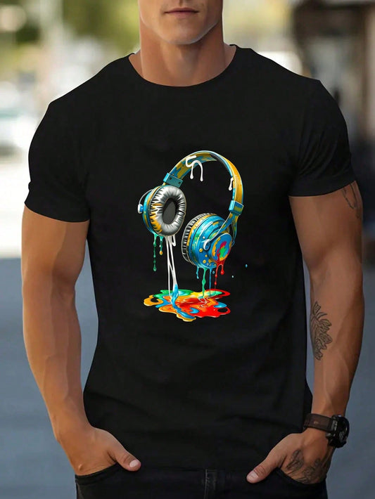 Men's Plus Size Summer Casual T-Shirt With Earphone Print, Round Neck Short Sleeve Top