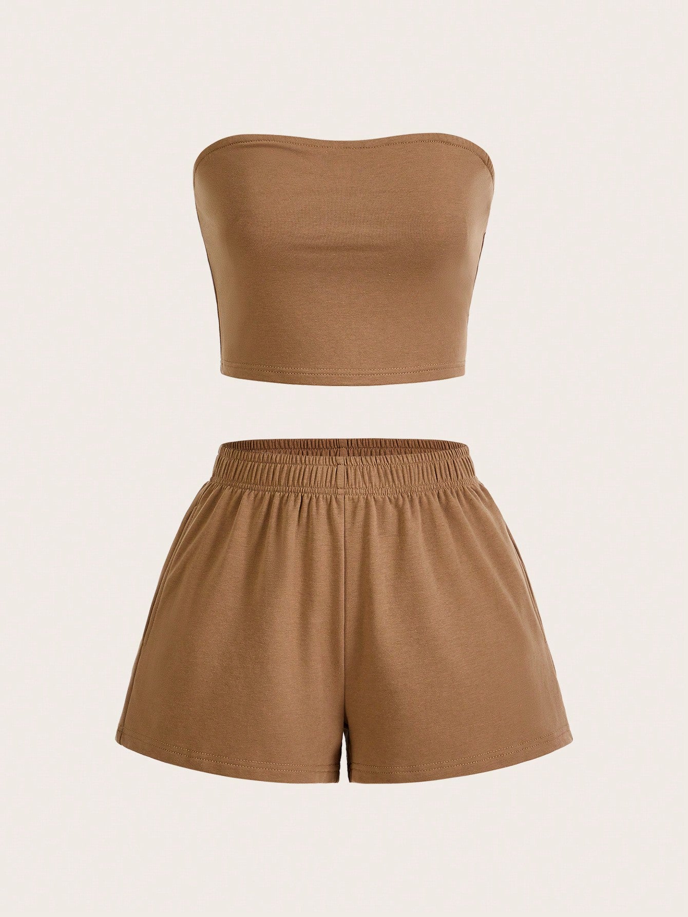 Women's Solid Color Simple Strapless Top And Shorts Two-Piece Set