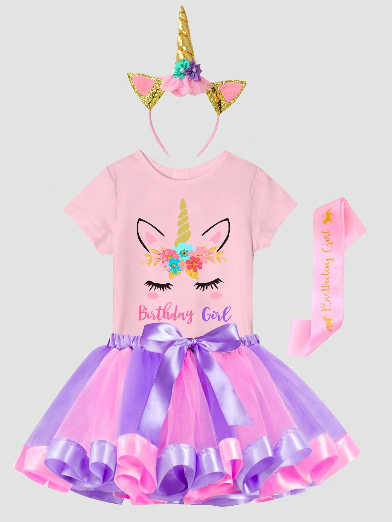 Young Girl Unicorn & Letter Printed T-Shirt And Purple-Pink Mesh Tutu Skirt Party Outfit Including Headband And Ribbon