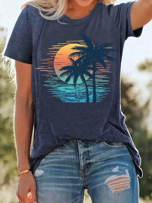 Plus Size Retro Tropical Sunset Summer Women Short Sleeve T-Shirt