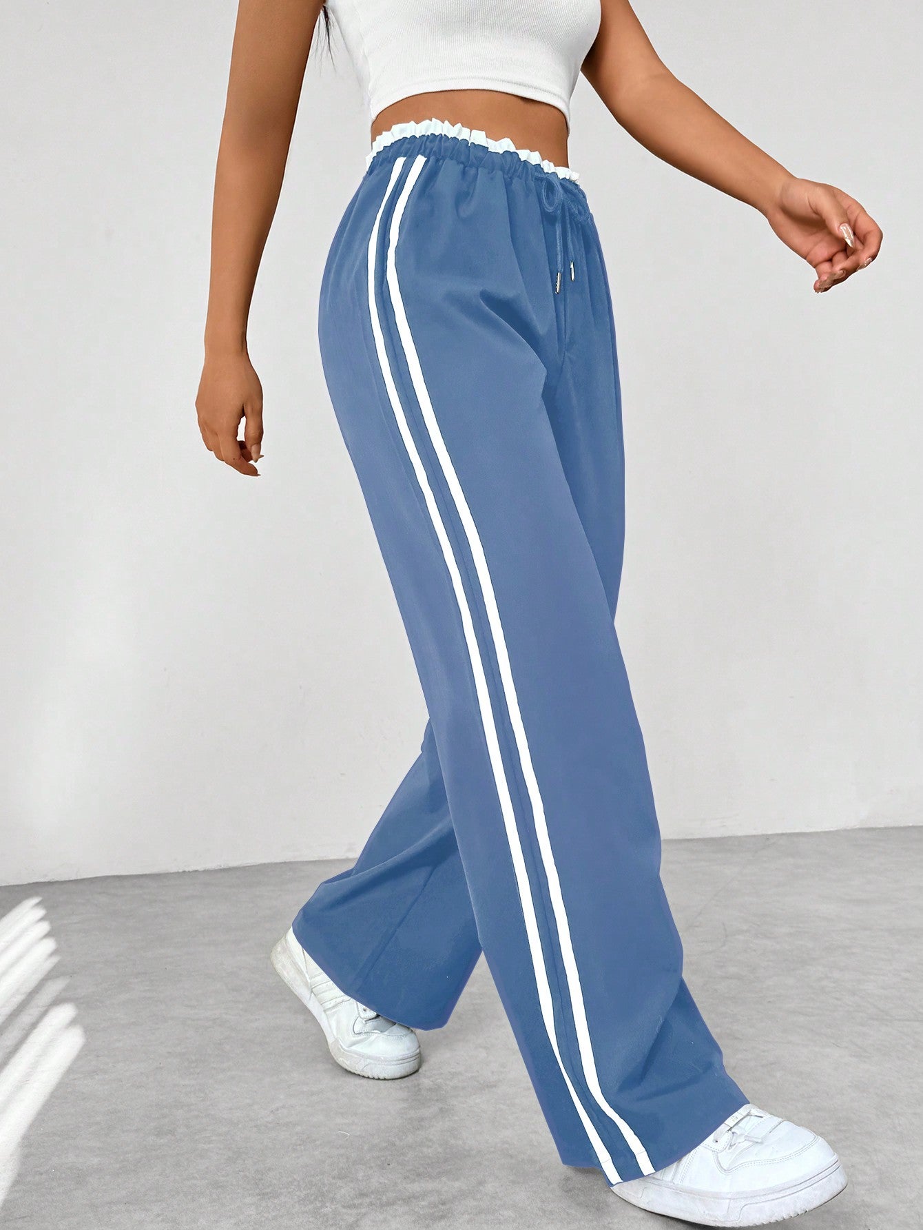 Colorblock Striped Paper Bag Waist Straight Leg Casual Pants