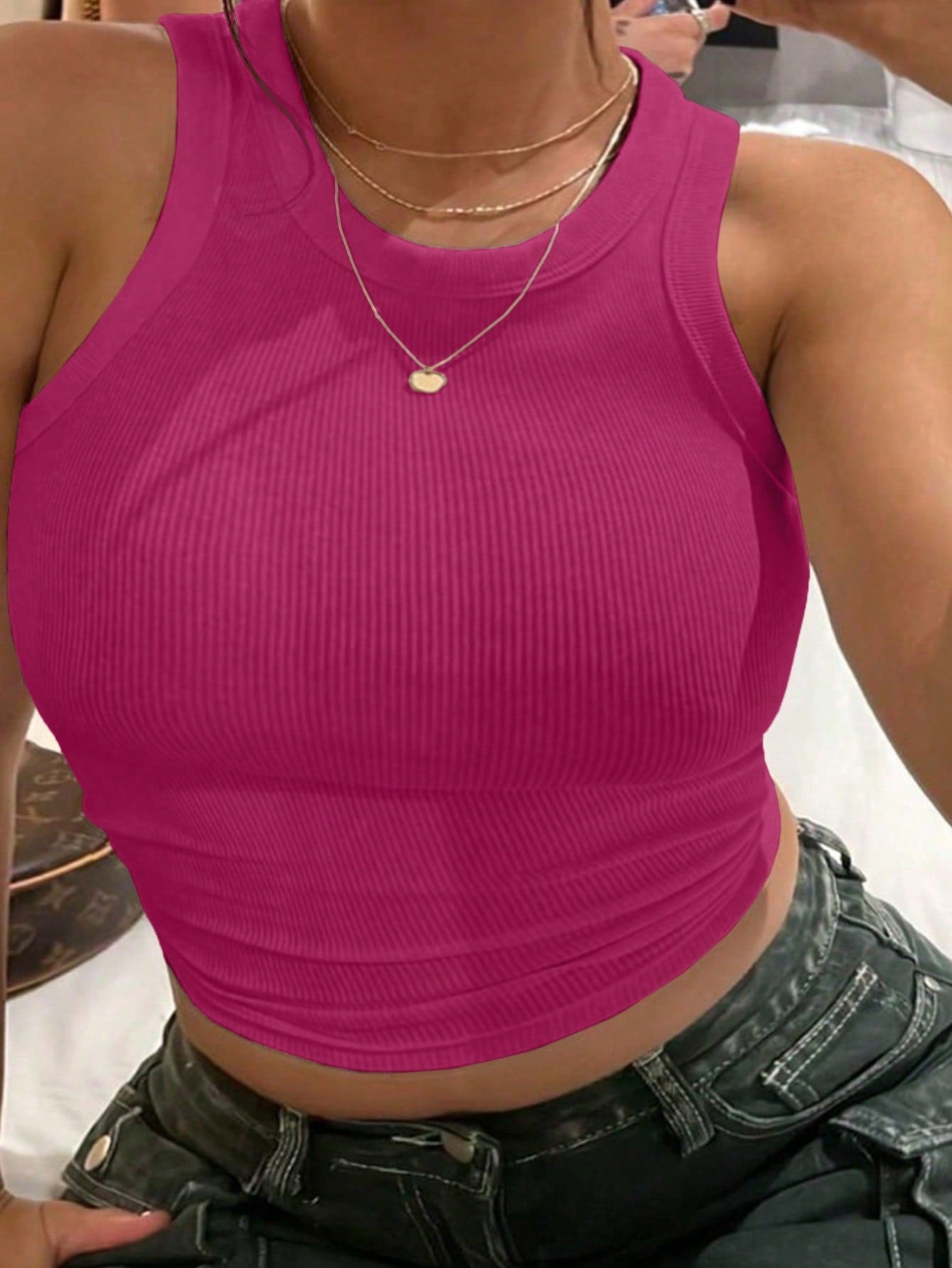 Plus Size Solid Color Rib-Knit Tight-Fitting Tank Top