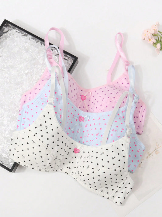 Teen Girl Cute Underwear Bra With Bowknot Decorated Shoulder Strap And All-Over Print Pattern