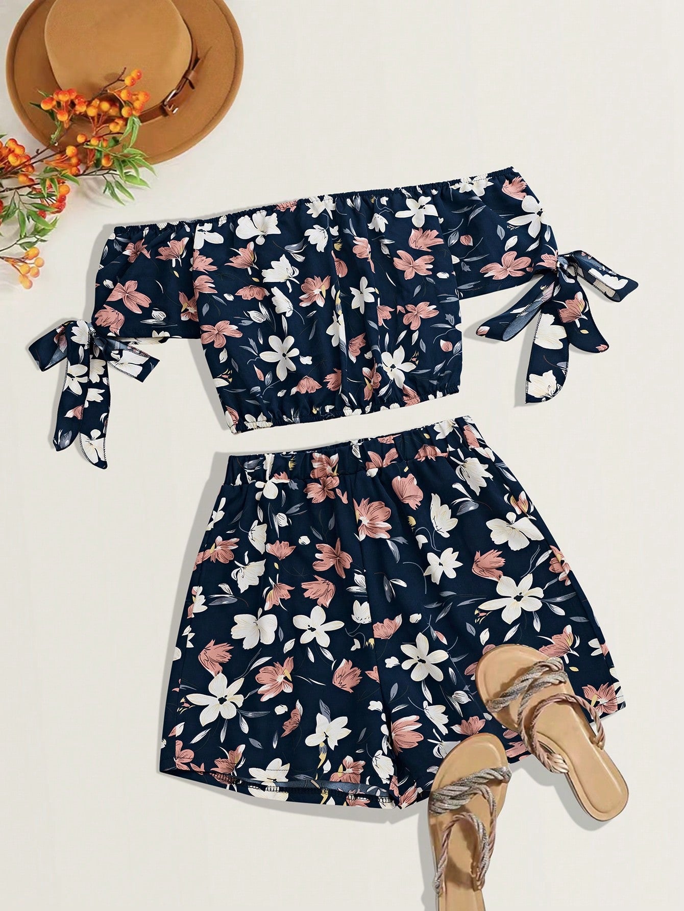 Women's Floral Printed Off Shoulder Short Sleeve Top And Shorts Set For Vacation