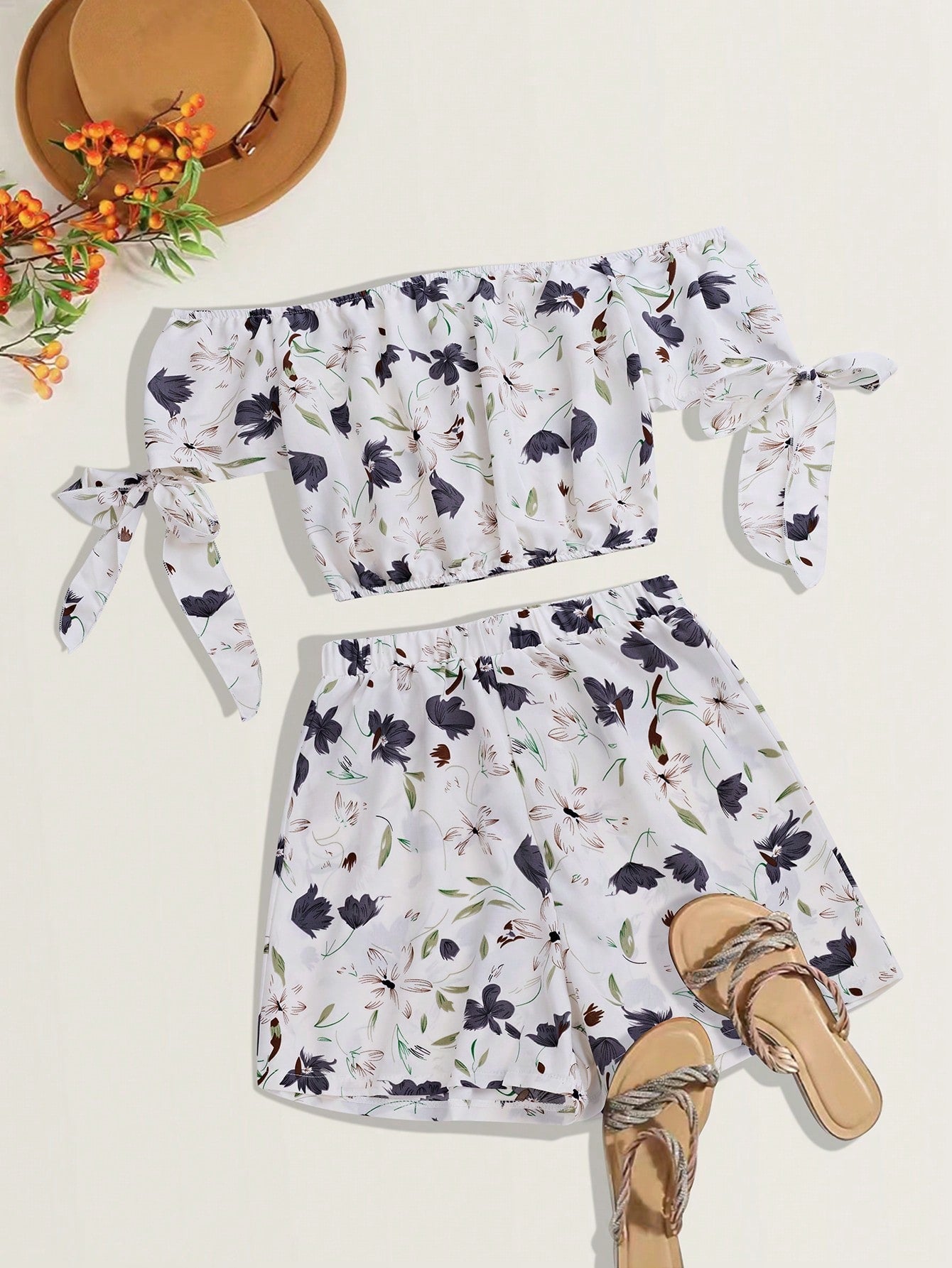 Women's Floral Printed Off Shoulder Short Sleeve Top And Shorts Set For Vacation