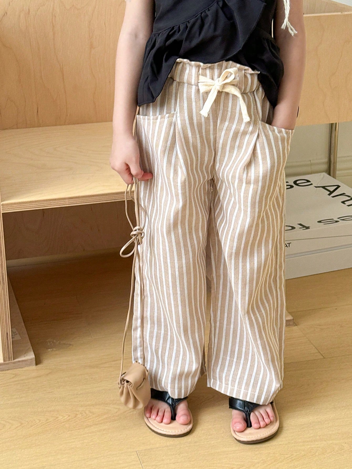 Young Girl Striped Paper Bag Waist Wide Leg Leisure Pants For Vacation