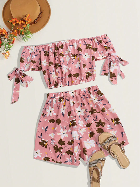 Women's Floral Printed Off Shoulder Short Sleeve Top And Shorts Set For Vacation