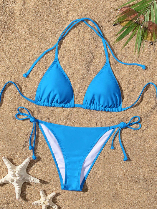 Swim Summer Beach Women's Solid Color Halter Neck Tie Sexy Bikini Set, Perfect For Vacation