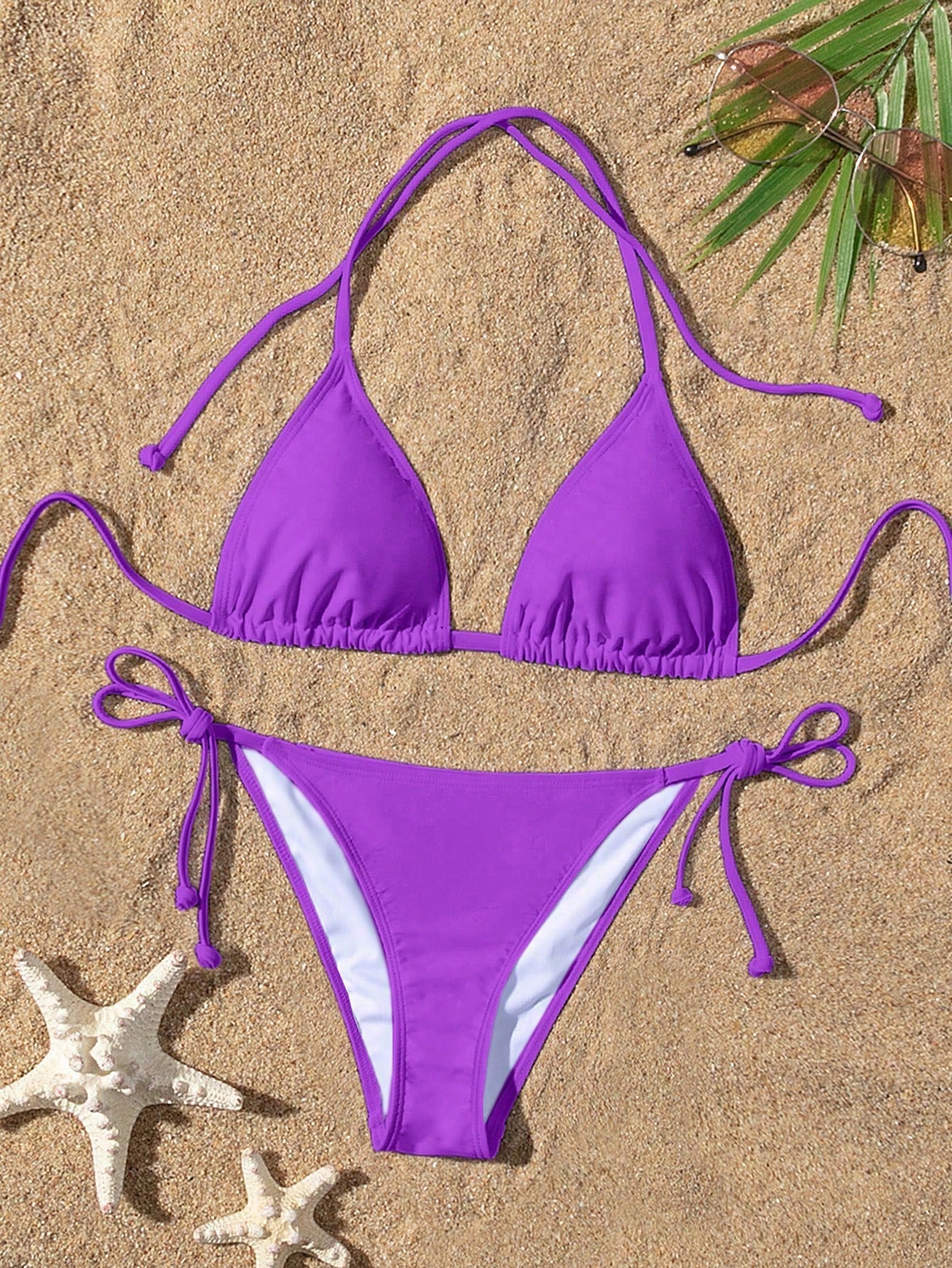 Swim Summer Beach Mono Bikini Set Halter Triangle Bra & Tie Side Bottom 2 Pieces Bikini