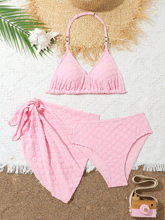 Teen Girl Solid Jacquard Beach Holiday Bikini Set Summer Beach