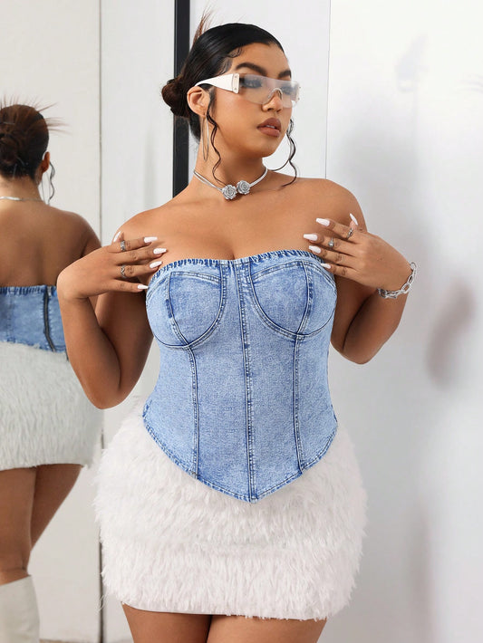 Plus Size Women's Fashionable Denim Top With Molded Cups, Washed