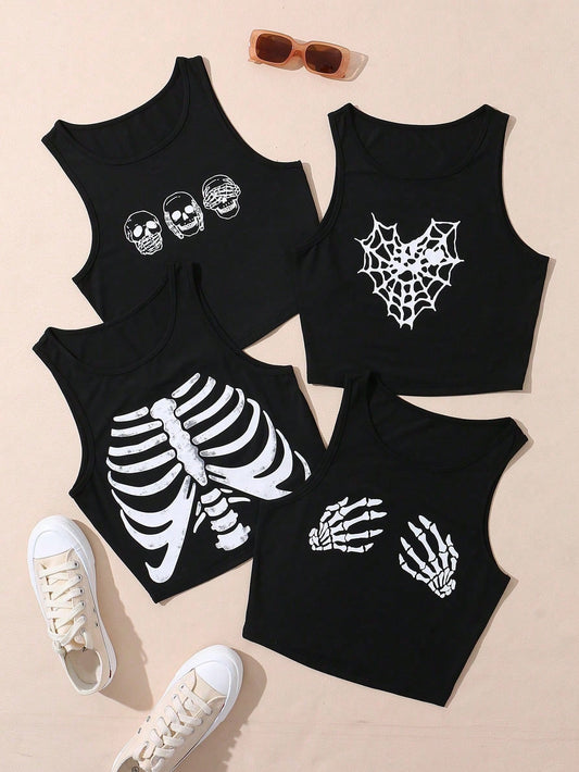 Plus Size Summer Fashion Halloween Rock Punk Skeleton Printed Crop Tank Top