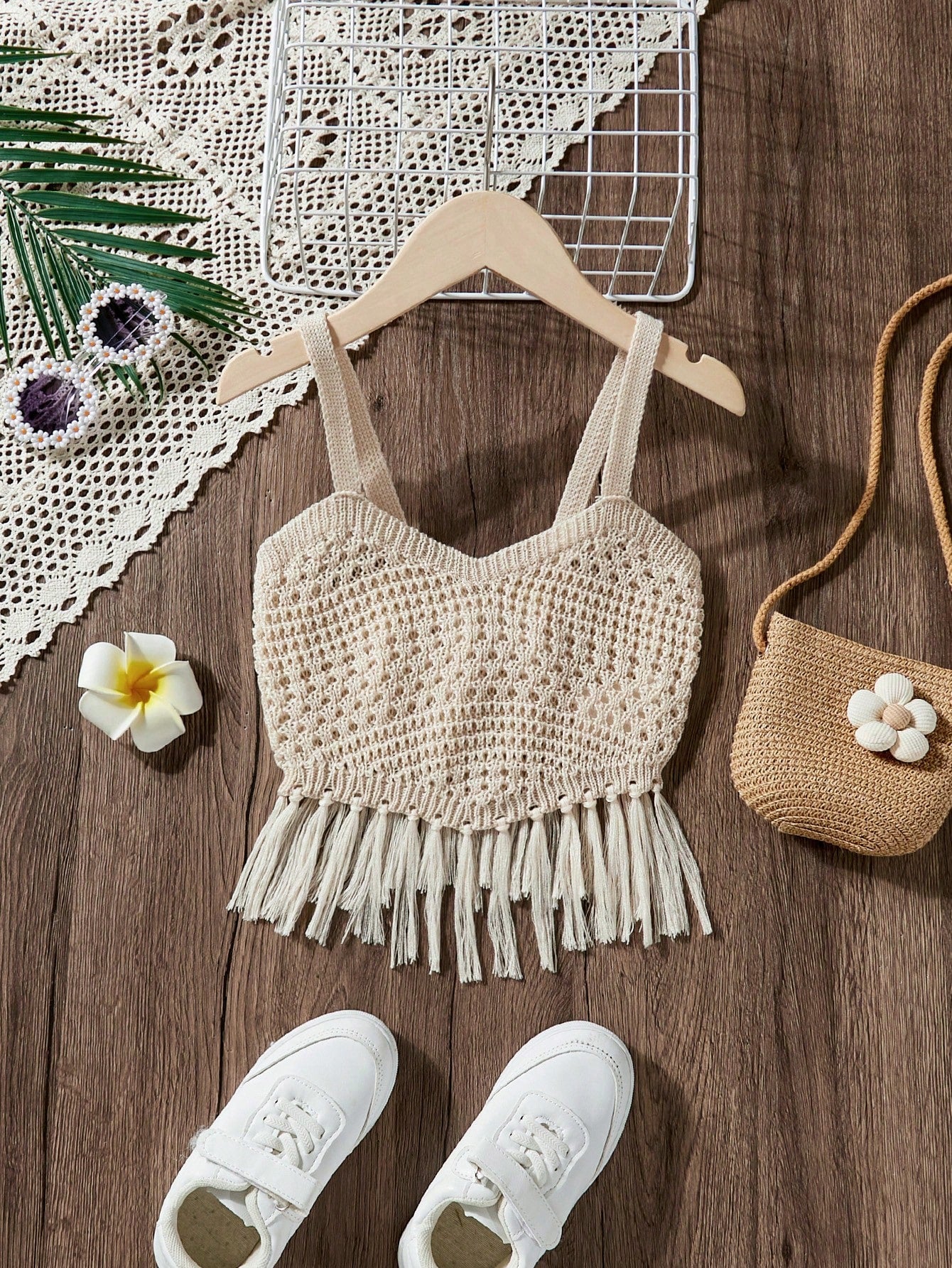 Tween Girl Holiday Knitted Sweater With Combined Crop Suspender Straps, Tassel Decoration And Irregular Hem