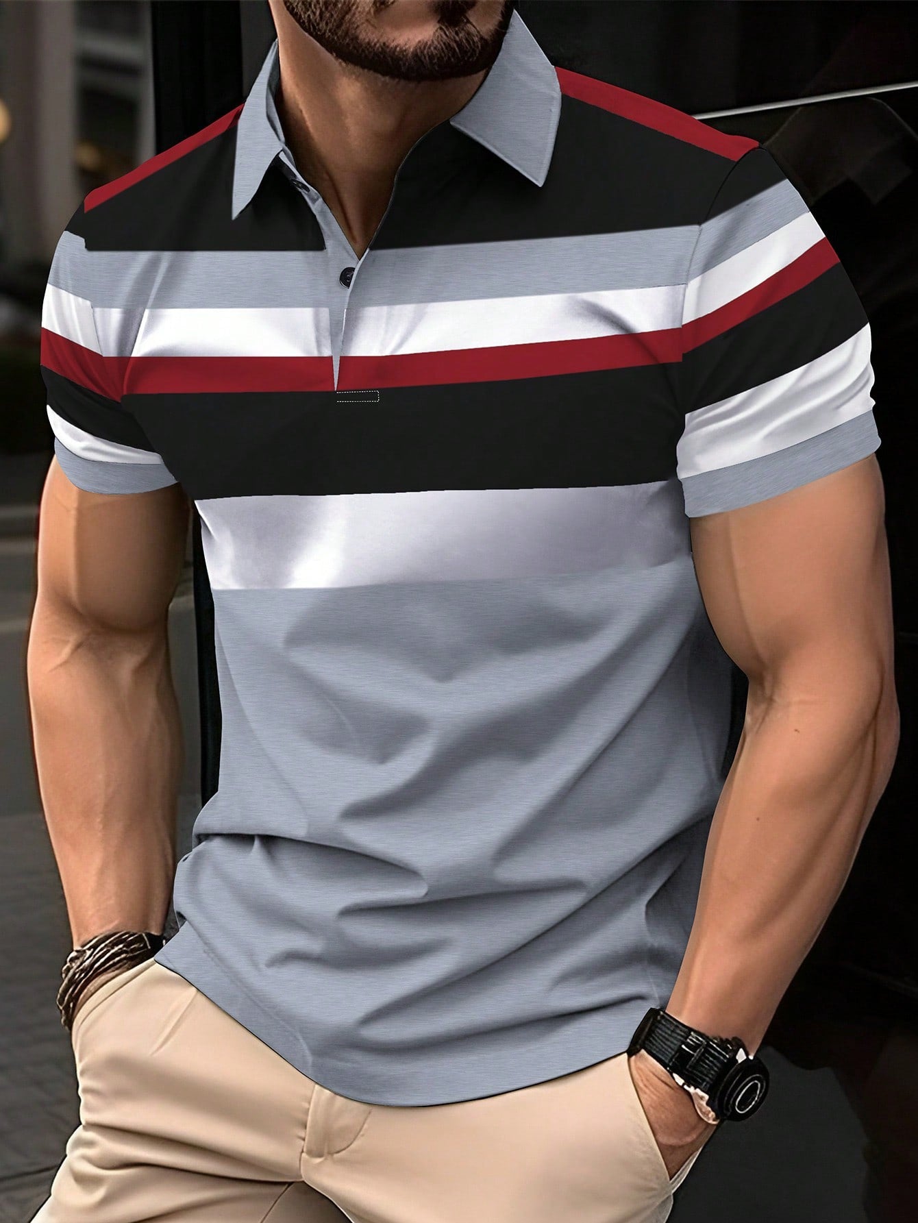 Men's Fashionable Striped Short Sleeve Polo Shirt, Simple Style