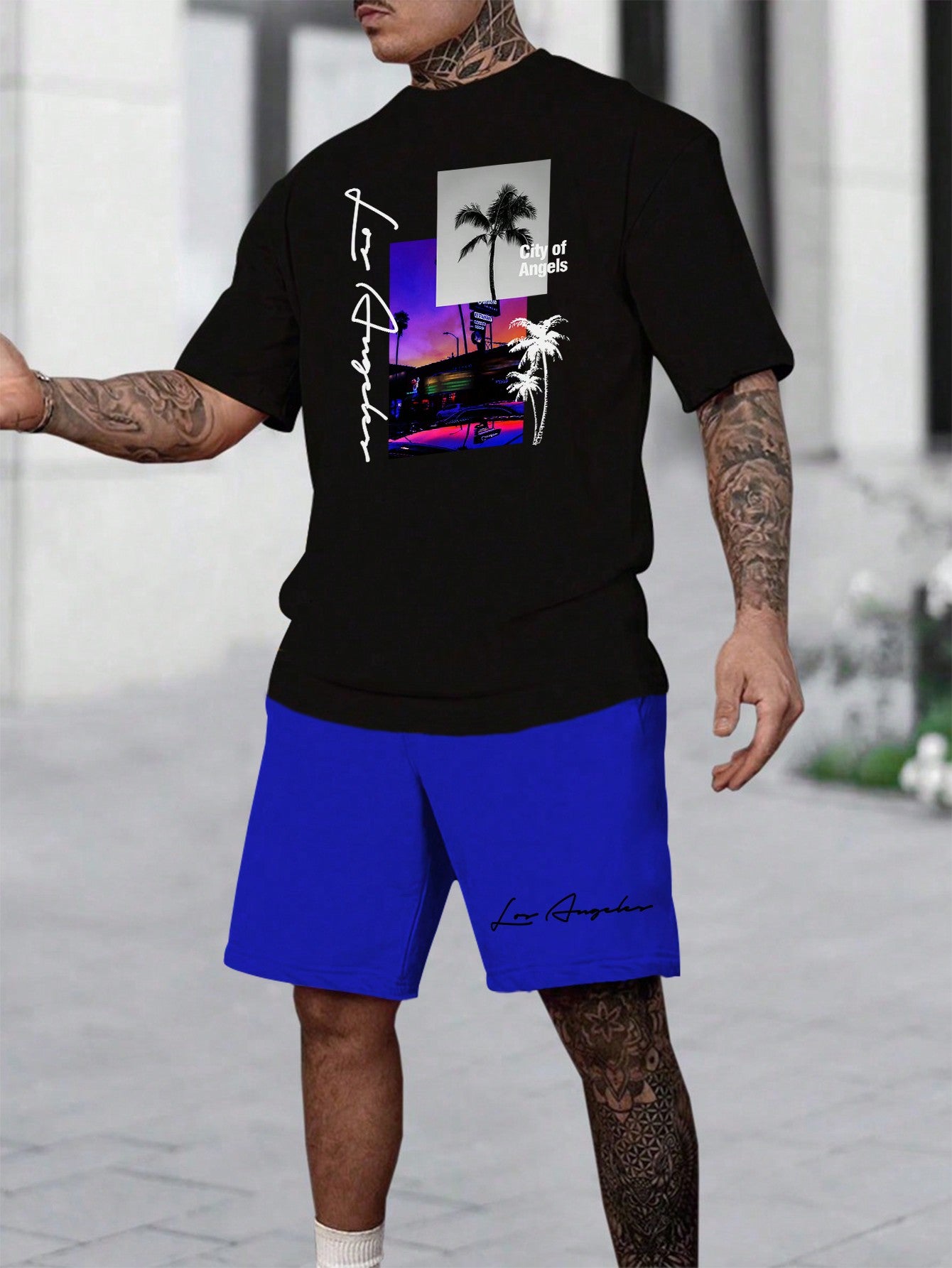 Men's Summer Holiday Letter & Palm Tree Printed Short Sleeve Casual T-Shirt And Drawstring Waist Shorts Set