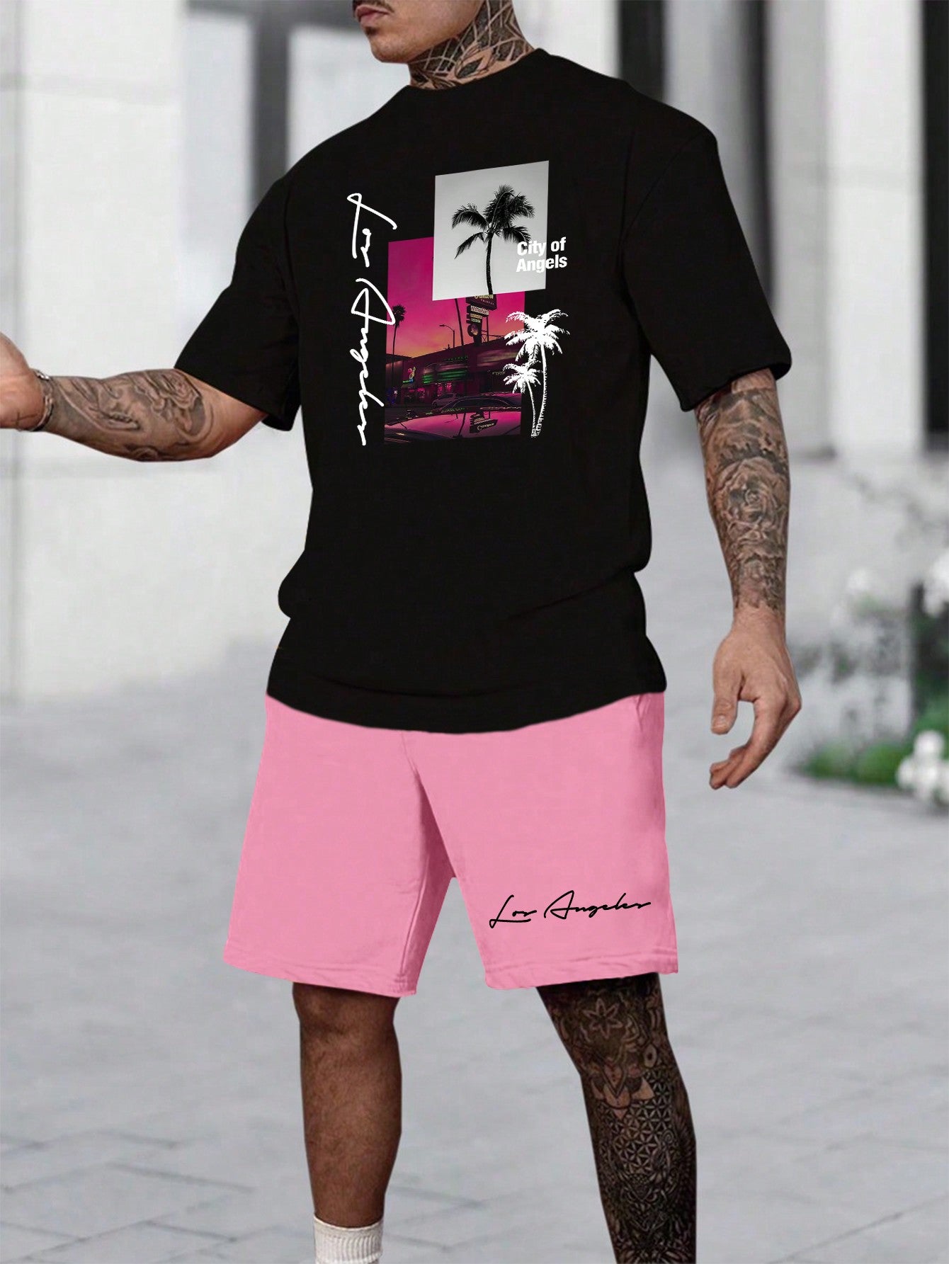 Men's Summer Holiday Letter & Palm Tree Printed Short Sleeve Casual T-Shirt And Drawstring Waist Shorts Set