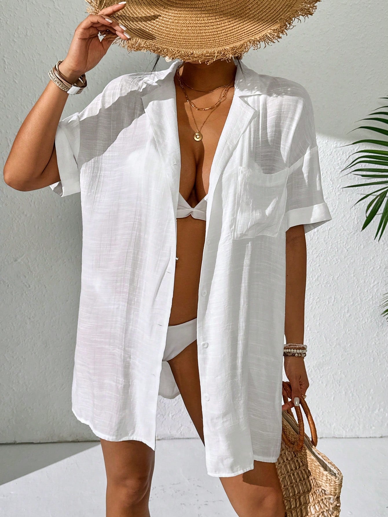 Swim Solid Button Front Short Sleeve Casual Kimono For Summer