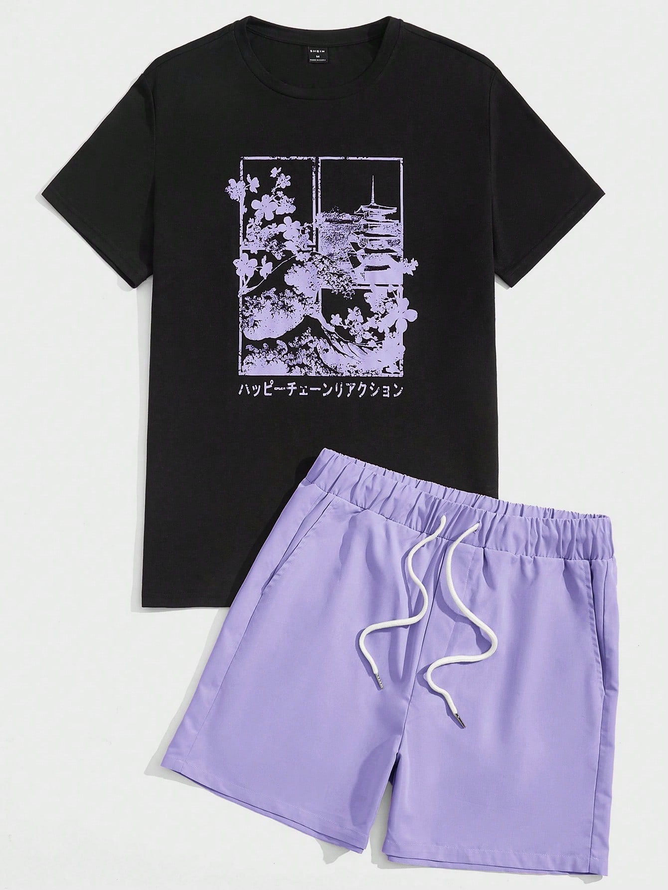 Men Japanese Letter & Floral Print Tee & Drawstring Waist Shorts