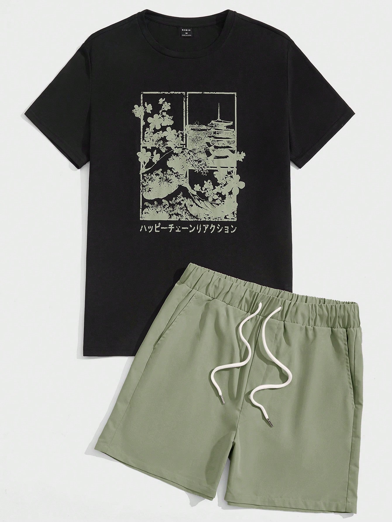 Men Japanese Letter & Floral Print Tee & Drawstring Waist Shorts