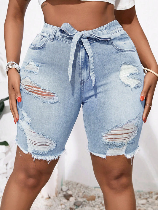 Plus Size Women Sexy Skinny Denim Shorts With Distressed Details, Blue, Perfect For Holiday