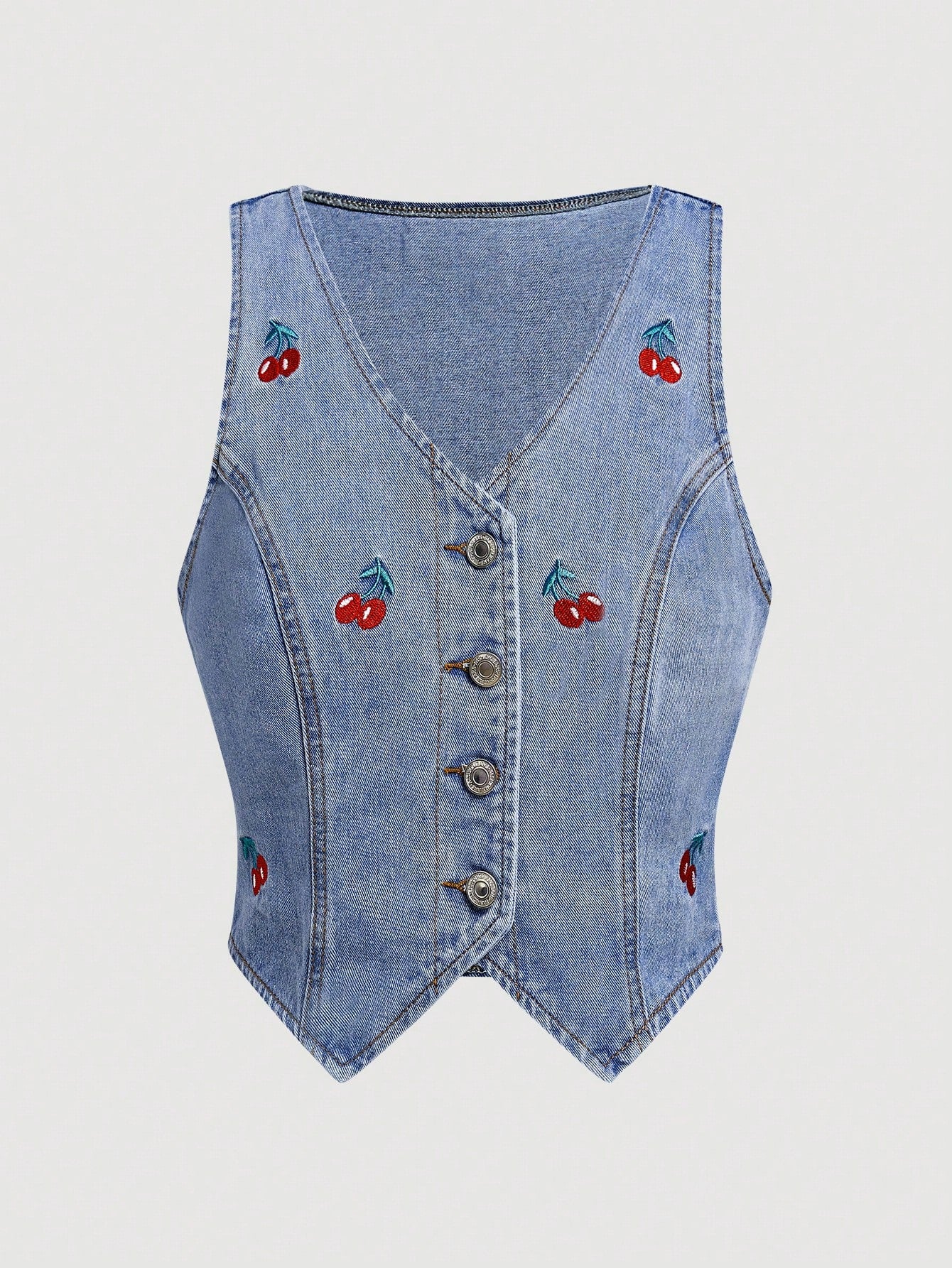 Women's Casual Cherry Embroidery Sleeveless Denim Jacket For Summer