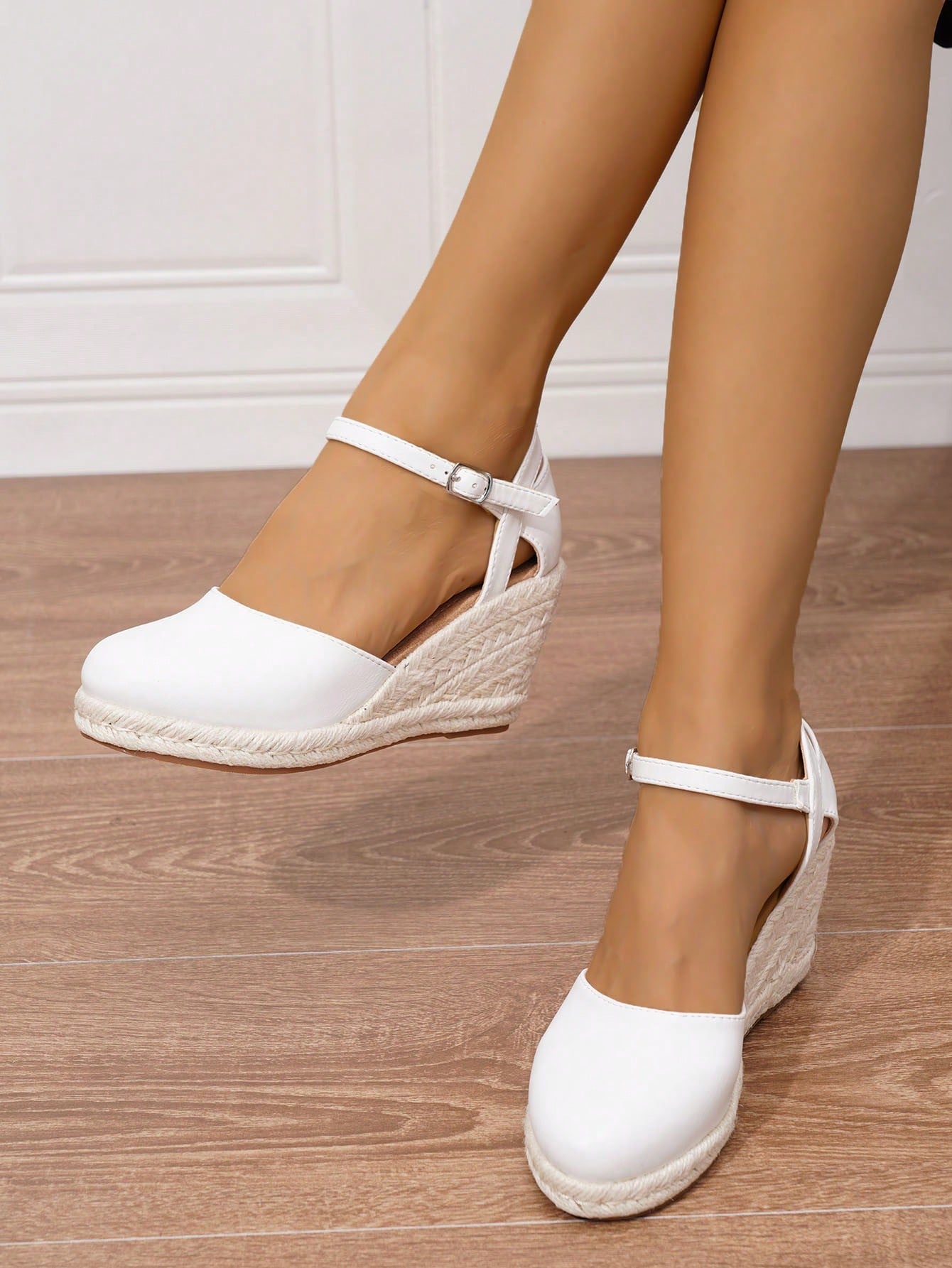 Women Minimal Ankle Strap Espadrille Shoes, Holiday Wedding Court Faux Fur Suede Jute Sole Ladies" Beige Wedge Heel Platform Sandals