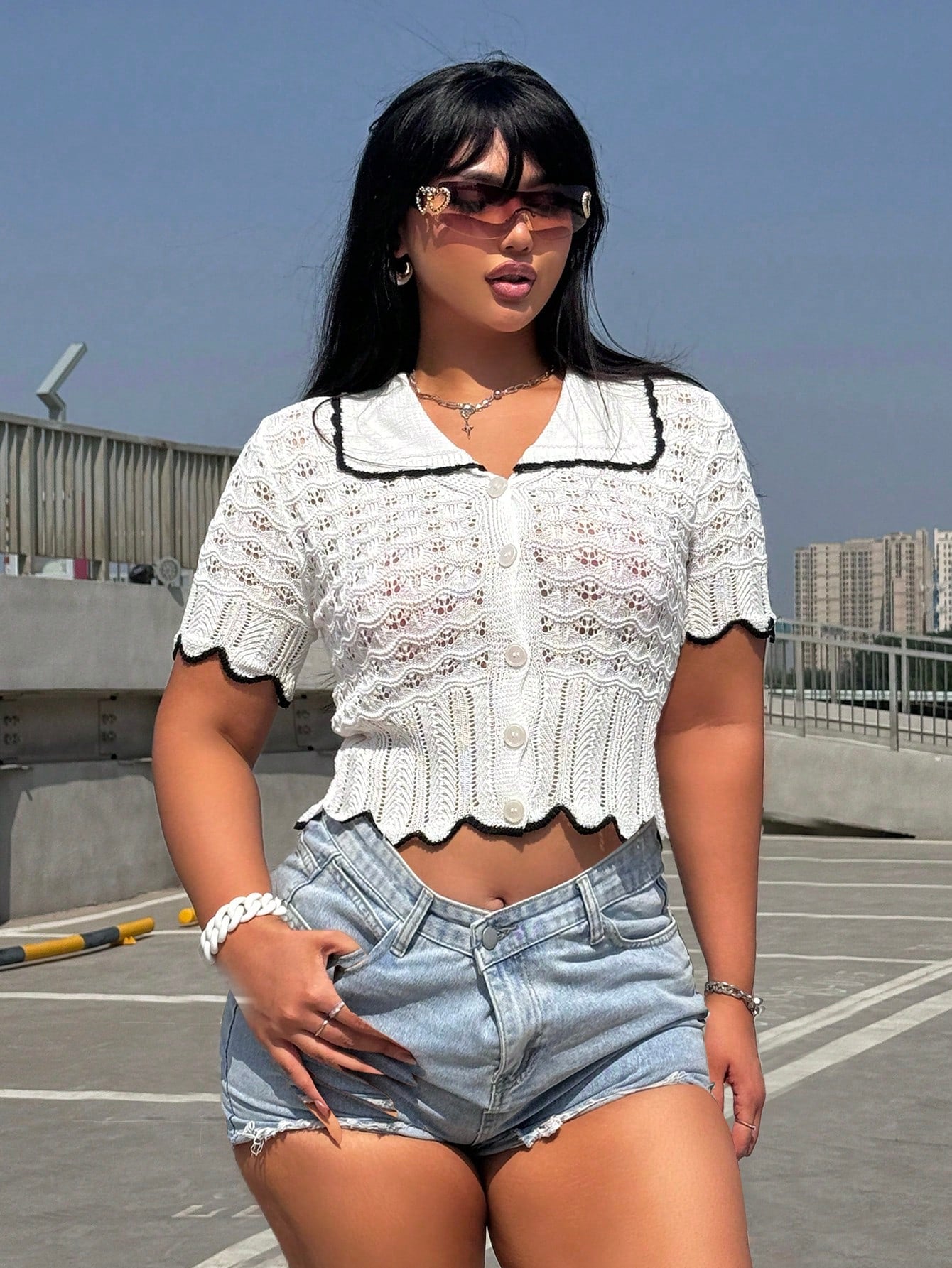 Fashionable High-End Design Hollow-Out Knit Top With Polo Collar