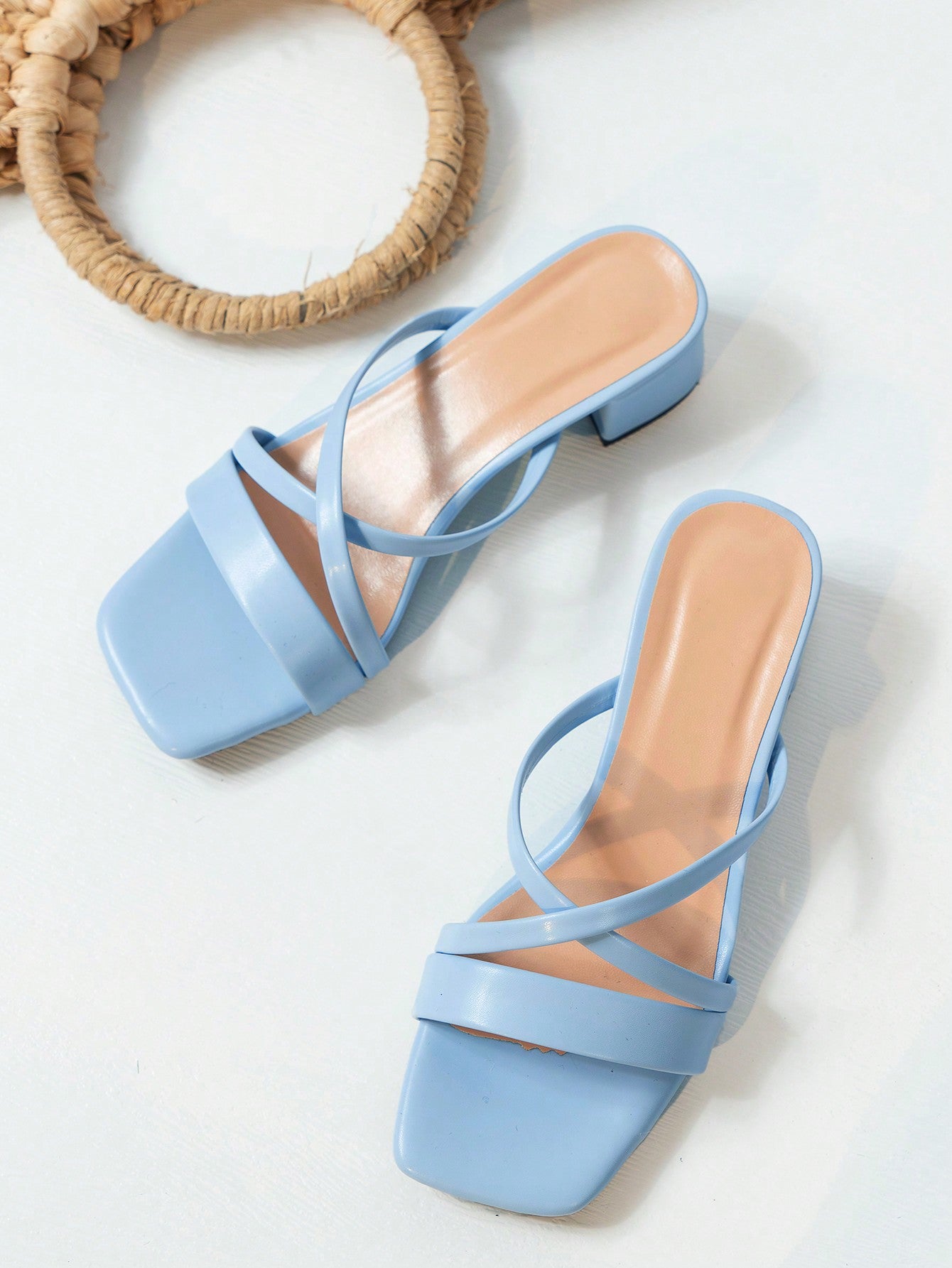 Women Blue High Heel Sandals With Open Toe, Chunky Heel & Elegant Mule Style PU Leather Shoe With Straps