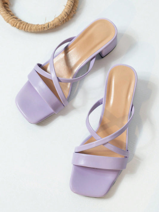 Women's Purple High Heel Sandals, Mules Style With Toe Strap And Ankle Strap, Elegant Chunky Heels PU Leather Shoes