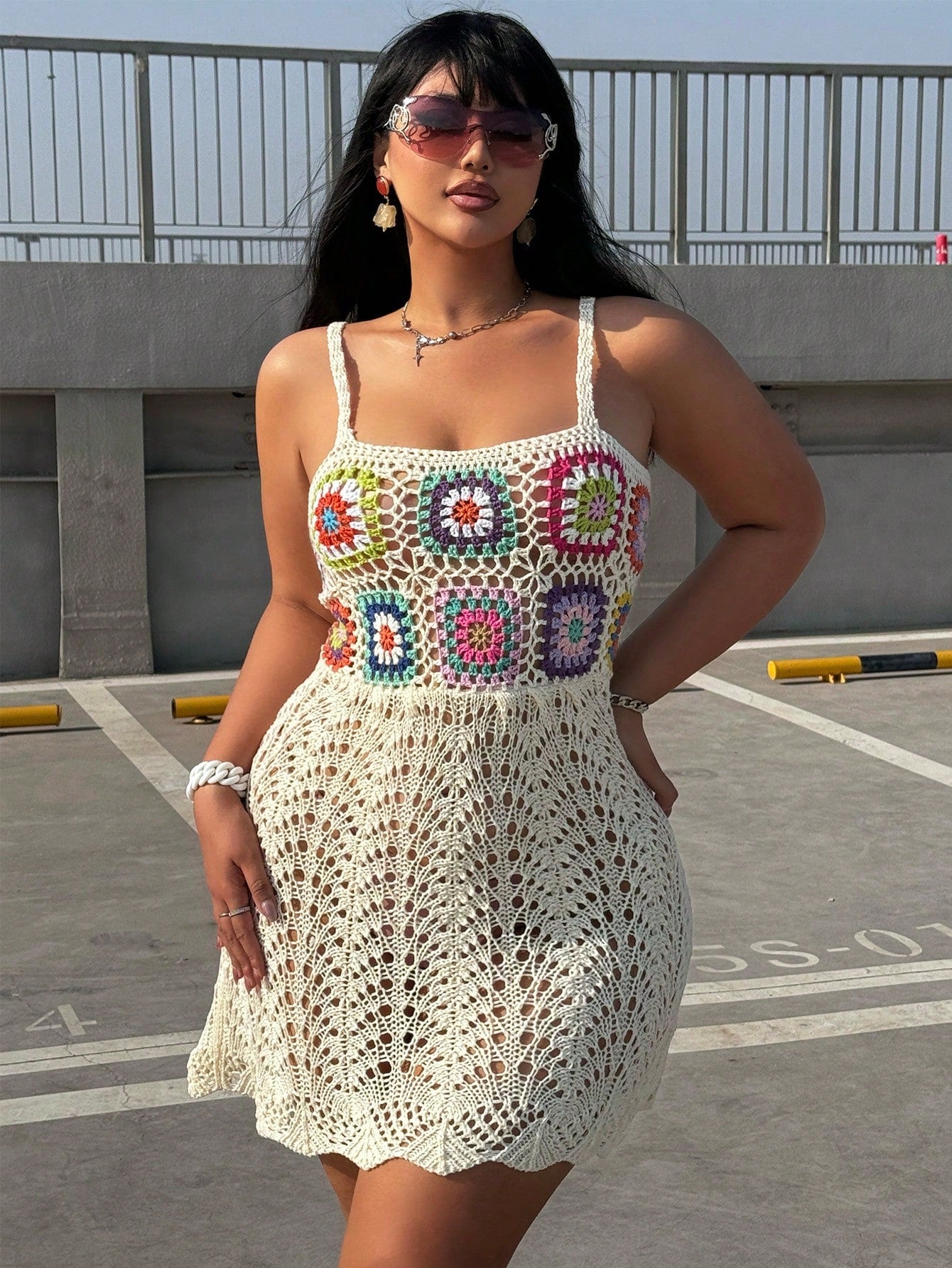 Plus Size Women's Floral Crochet Holiday Style Summer Spaghetti Strap Dress