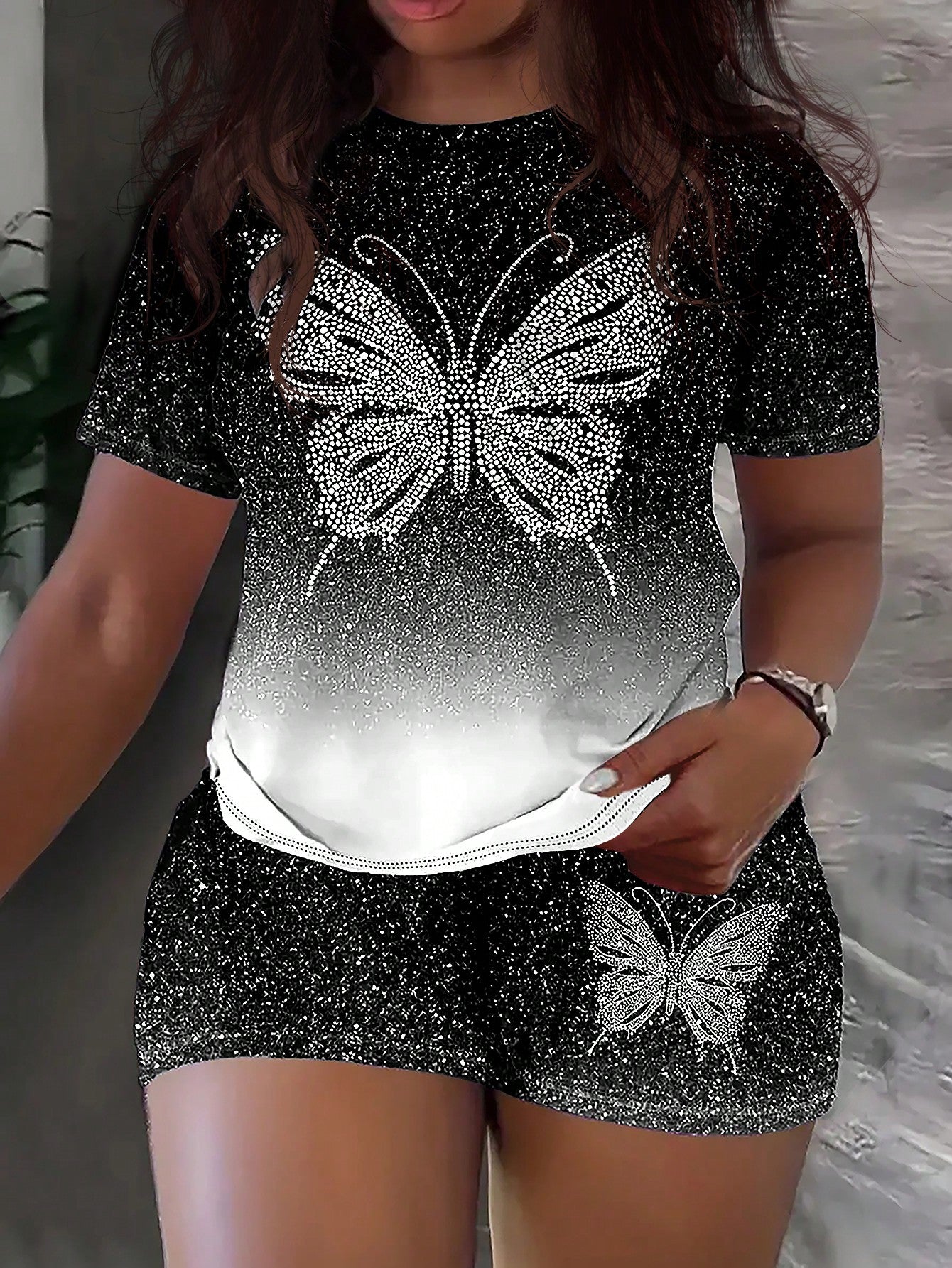 Plus Size Summer Casual Butterfly Print Gradient Sparkle Short Sleeve And Shorts 2pcs Set