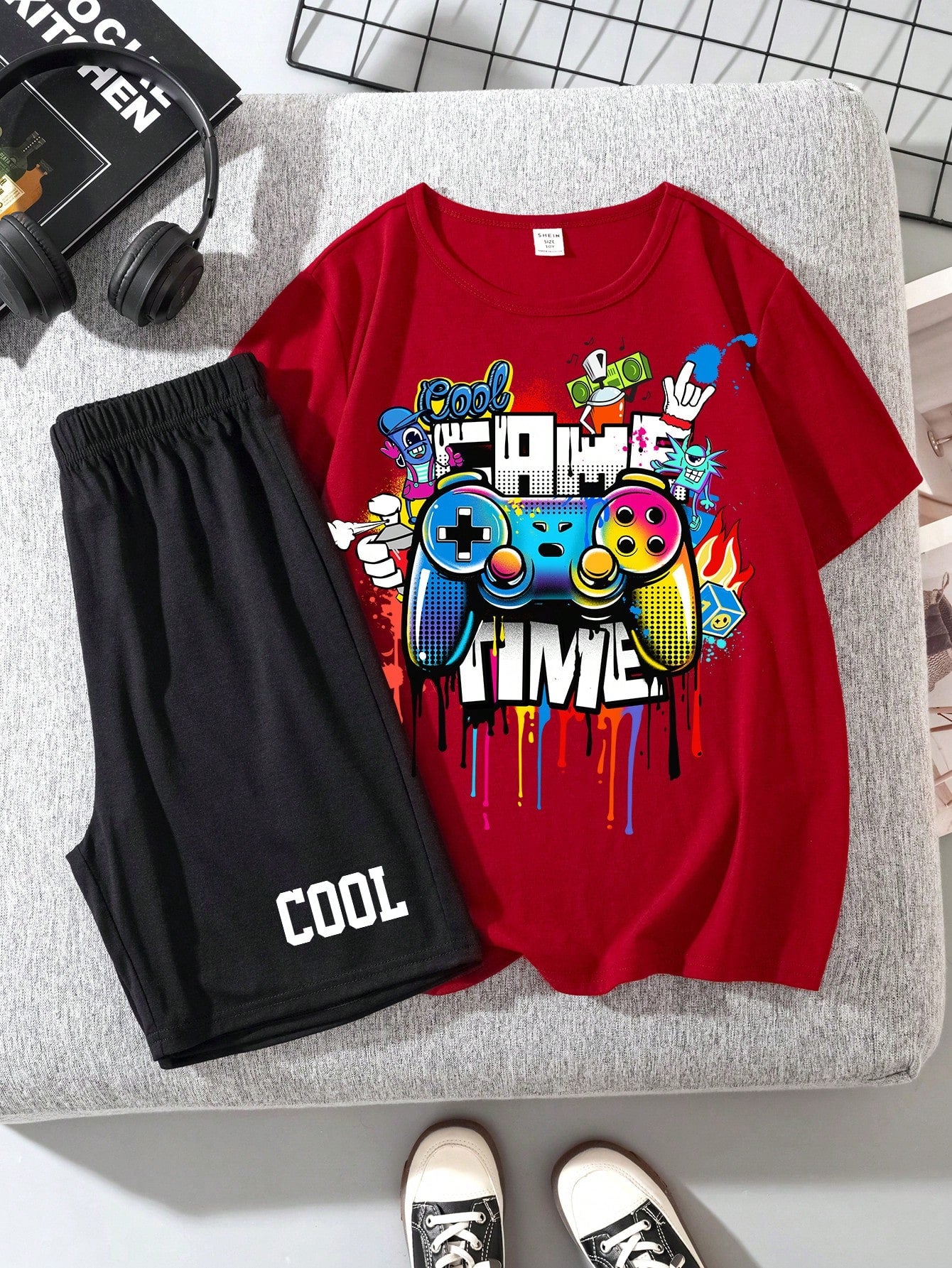 Tween Boys' Casual Simple Video Game Printed Short Sleeves T-Shirt And Shorts Set, Suitable For Summer