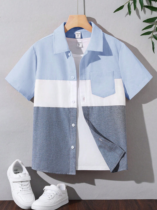 Tween Boy Loose Fit Casual Colorblock Short Sleeve Button-Down Collared Shirt